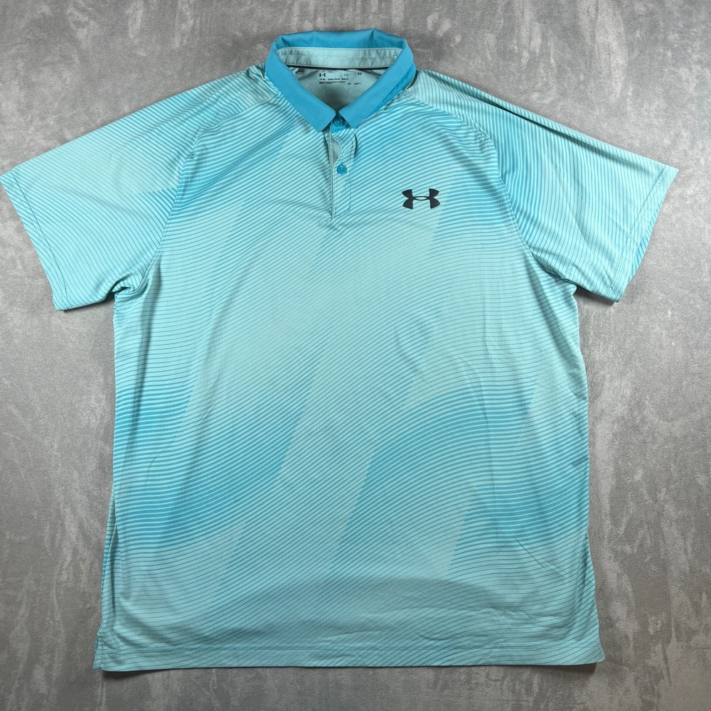 Under Armour Mens XL HeatGear Blue Striped Golf Polo Shirt Loose Fit